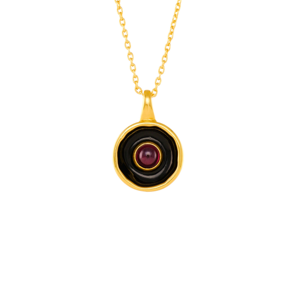 Necklace made from brass, goldplated, enamel, red quarz